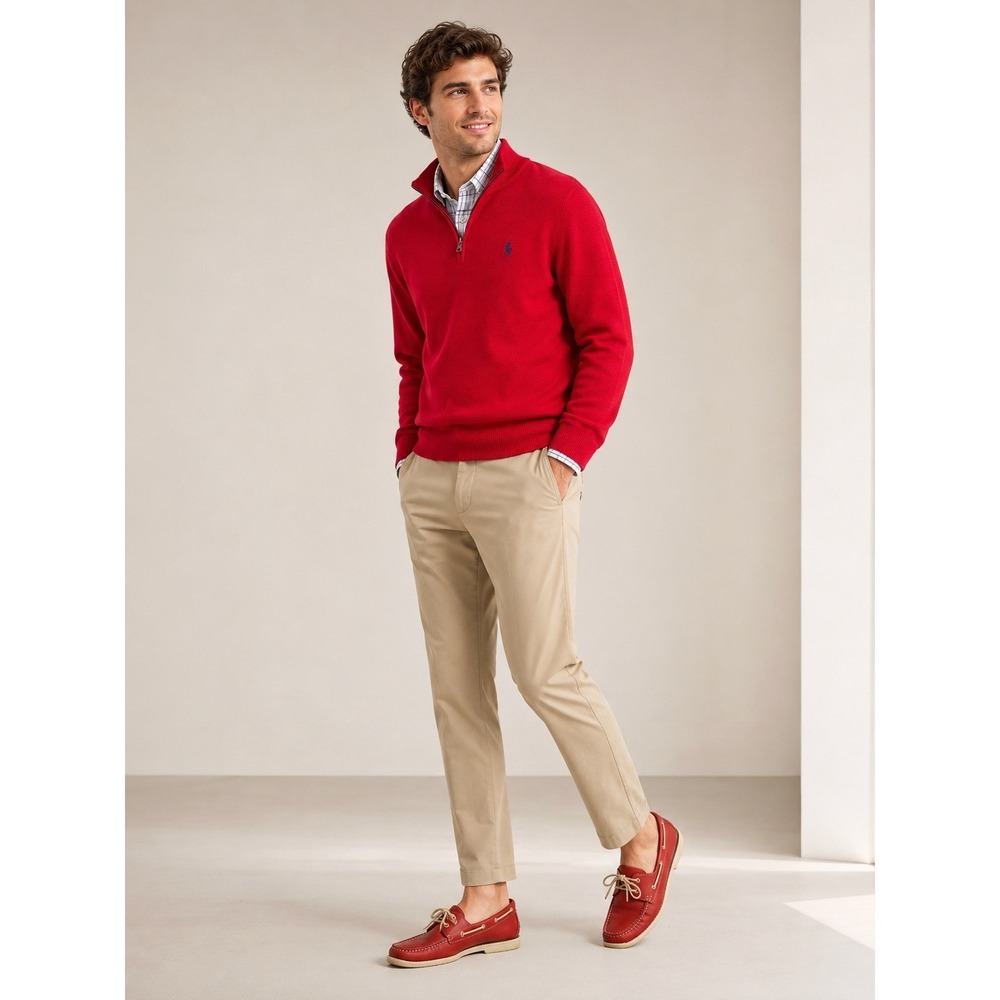 Polo Ralph Lauren Preppy Red Pima Cotton Quarter Zip Sweater Mens L Pony Logo